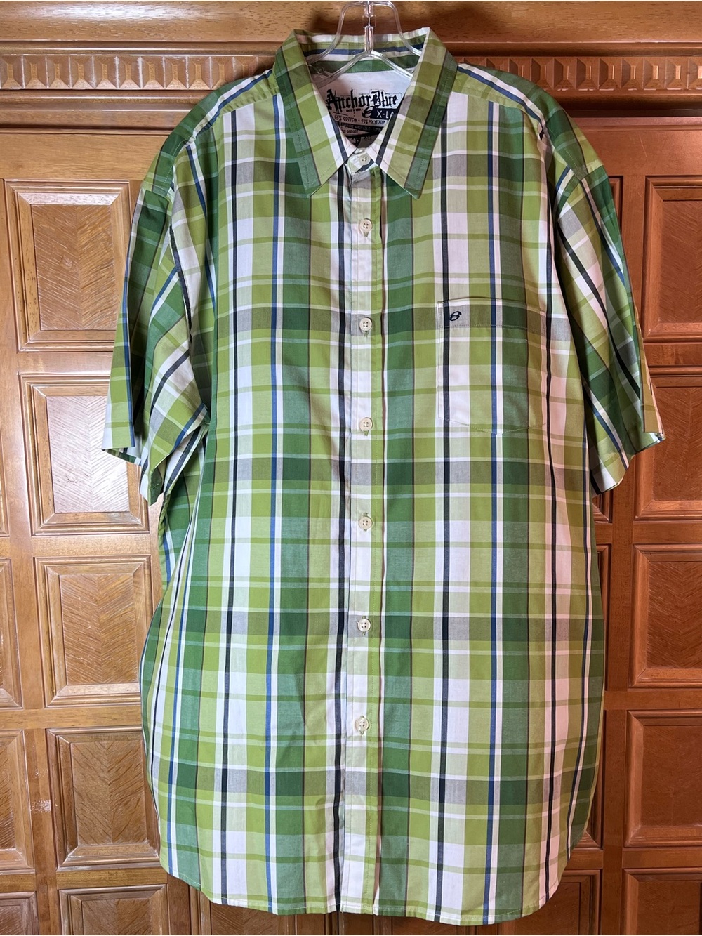 Anchor Blue Men’s XL Green Plaid Short Sleeve Button Front Shirt Cotton Blend